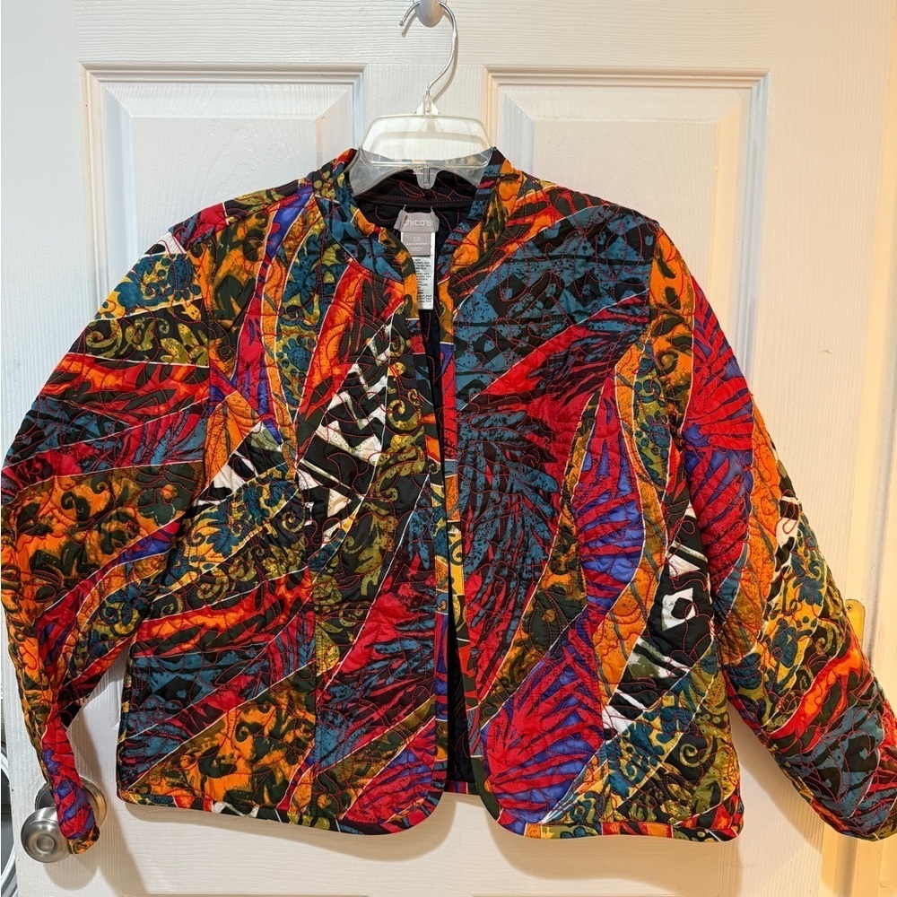 Chico's Red and Blue Quilted Abstract Design Jacket grandma tribal